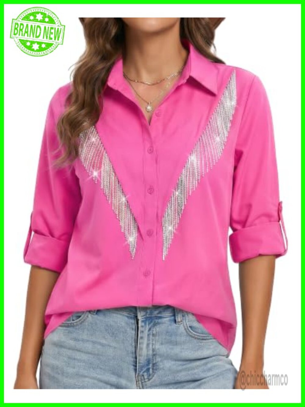 Sparkly Fringe Western Shirt Rolled 3/4 Sleeve Button Down Country Concert Top